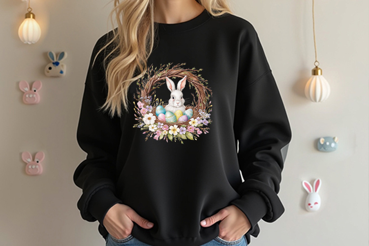 Easter Floral Bunny And Egg Wreath Clip Art Black Sweatshirt Mockup Image.jpg
