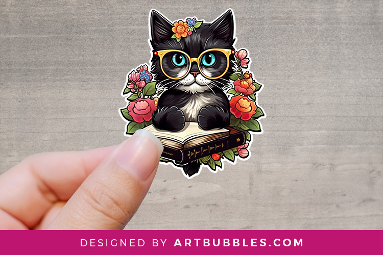 Cute Black Cat Reading Books Stickers Preview 01.jpg