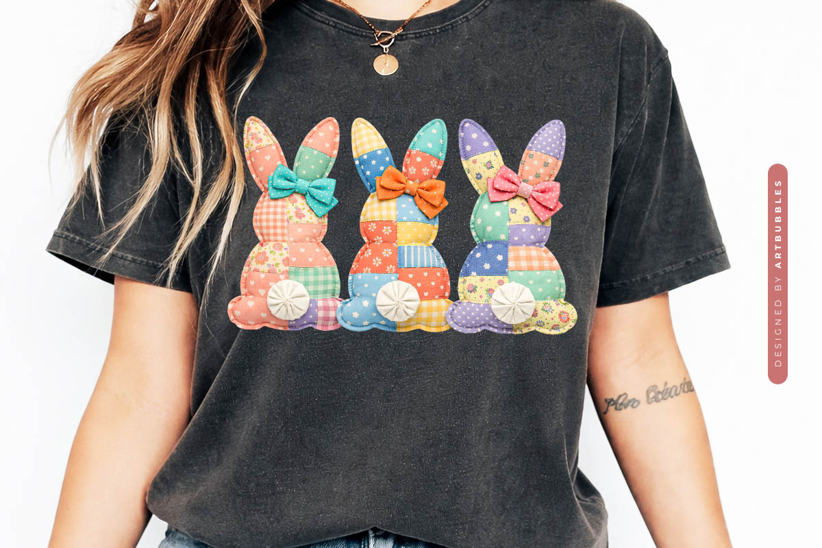 Patchwork Coquette Bunny Sublimation PNG Tshirt Mockup Image.jpg