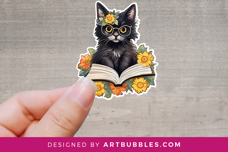 Printable Cute Black Cat Reading Book Stickers