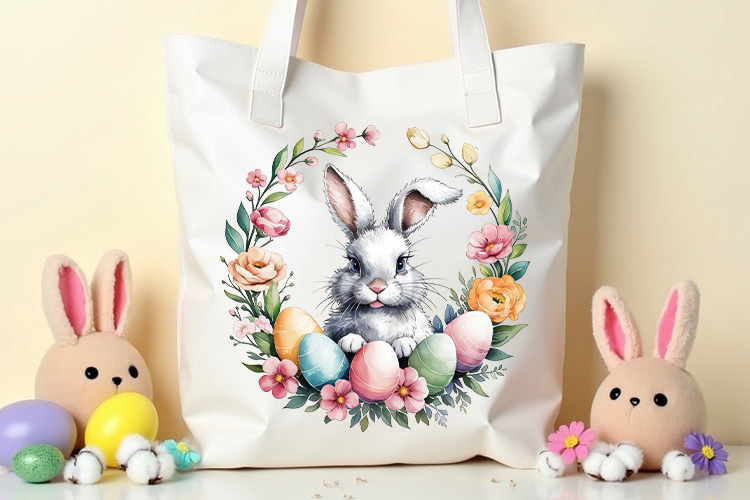Easter Bunny Eggs and Floral Wreath Clipart Tote Bag Mockup Image.jpg