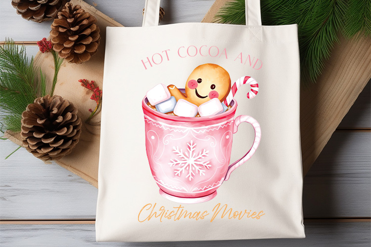 Pink Hot Cocoa and Christmas Movies PNG Sublimation Tote Bag Mockup Image.jpg