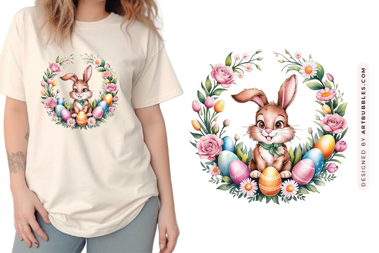 Funny Easter Bunny Floral Wreath Clipart PNG