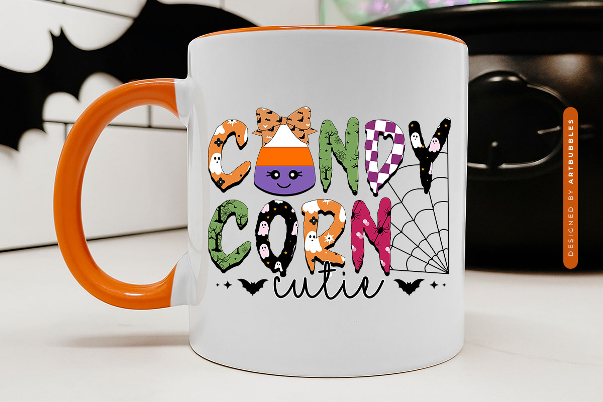 Candy Corn Cutie - Coquette Bow Halloween Sublimation Mug Mockup Image.jpg