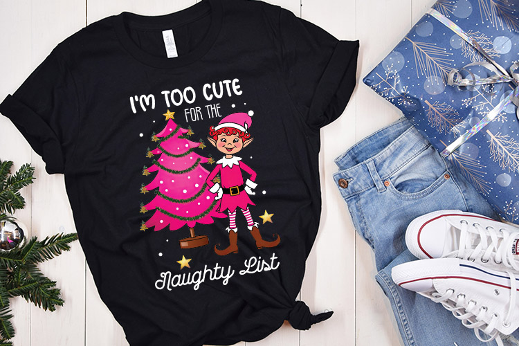 I'm Too Cute for the Naughty List - Pink Christmas PNG Shirt Mockup Image.jpg