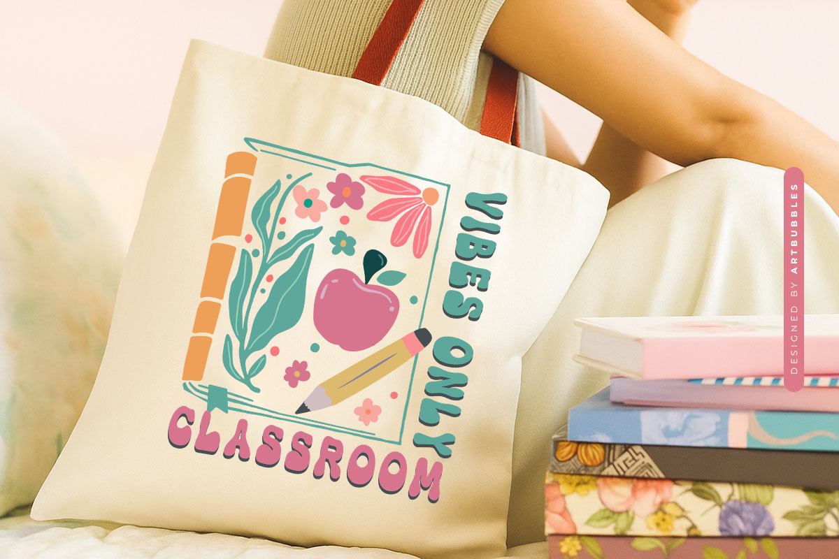 Classroom Vibes Only - Floral Retro Teacher Sublimation Tote Bag Mockup Image.jpg