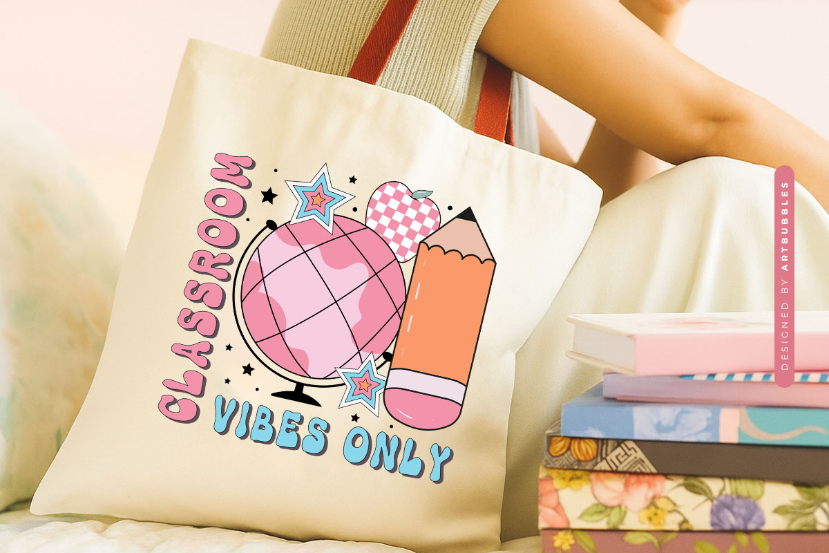 Classroom Vibes Only - Funny Retro Teacher Sublimation Tote bag Mockup Image.jpg