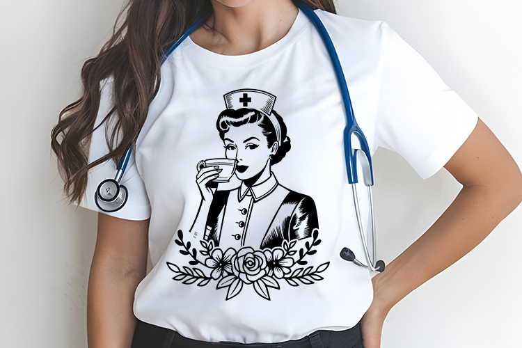 Cute Medical Nurse with a Cup of Coffee & Flower Clipart Tshirt Mockup Image.jpg