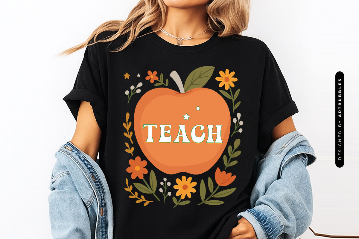 Teach - Retro Teacher Apple Sublimation PNG T-shirt Mockup Image.jpg