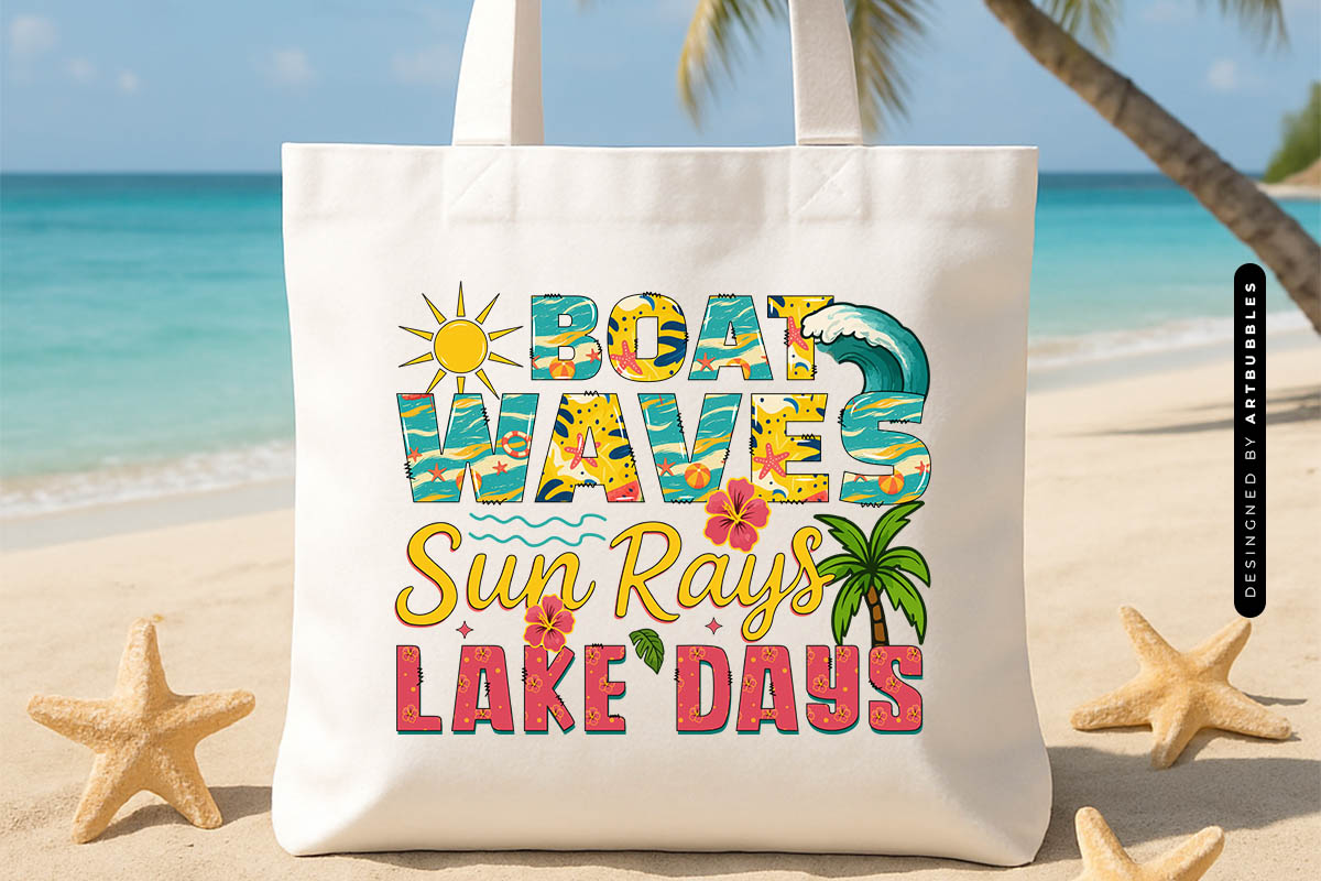 Boat Waves Sun Rays Lake Days - Summer Sublimation Tote Bag Mockup Image.jpg