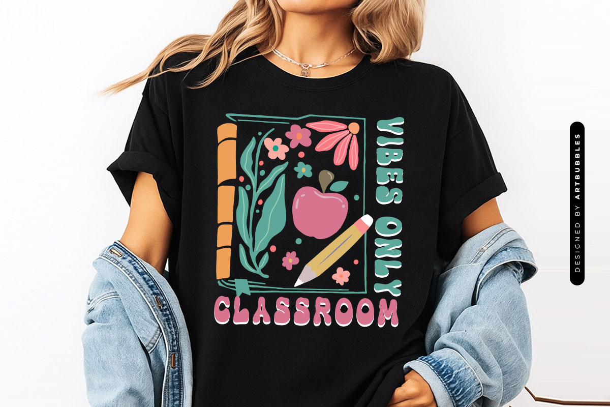 Classroom Vibes Only - Floral Retro Teacher Sublimation T-shirt Mockup Image.jpg