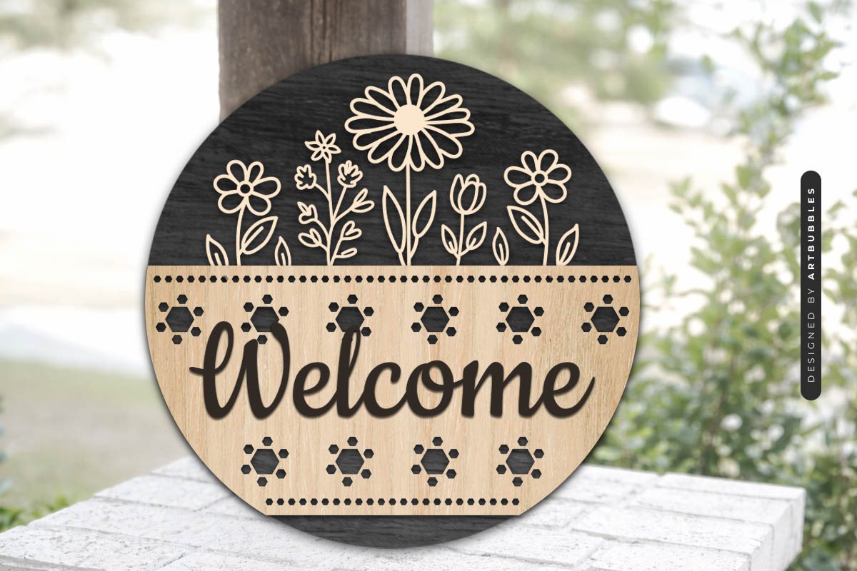 Laser Cut Welcome Floral Door Hanger SVG