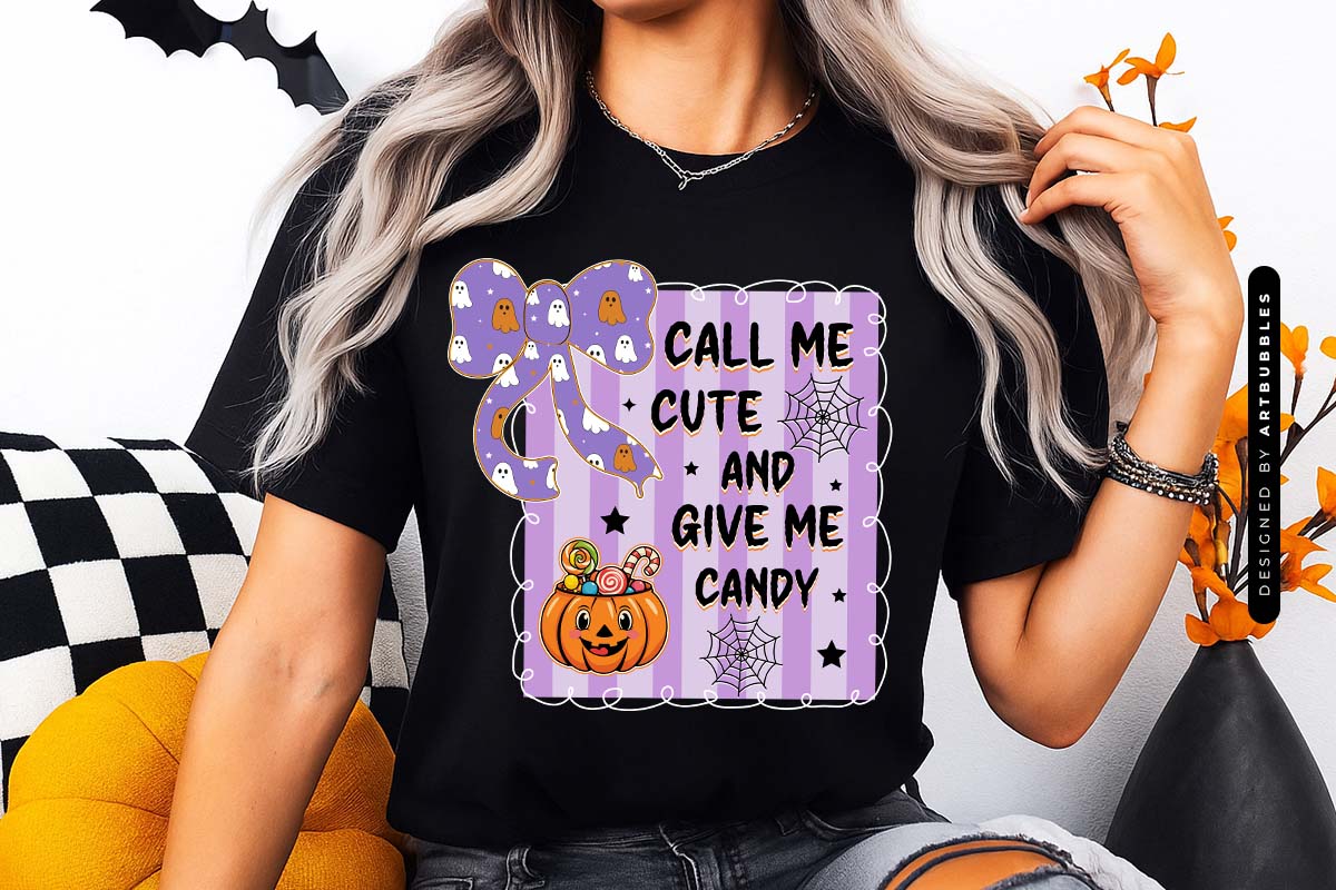 Call Me Cute and Give Me Candy - Coquette Halloween PNG T-shirt Mockup Image.jpg