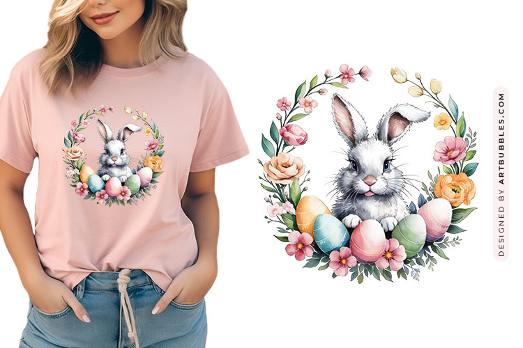 Easter Bunny Eggs and Floral Wreath Clipart