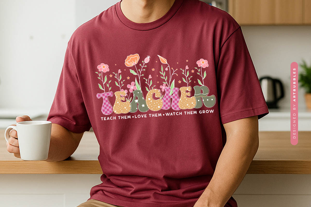 Retro Floral Teacher PNG Sublimation Print Tshirt Mockup Image.jpg