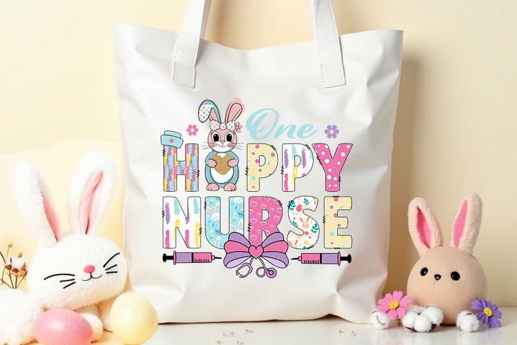 One Hoppy Nurse - Coquette Easter PNG Design Tote Mockup Image.jpg