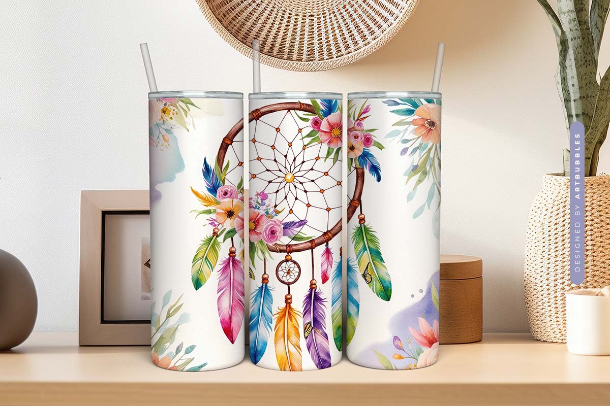 Boho Dreamcatcher Floral Sublimation Tumbler Wrap Image 2.jpg