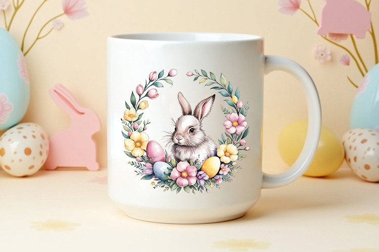 Happy Easter Bunny Floral Wreath Clipart Mug Mockup Image.jpg