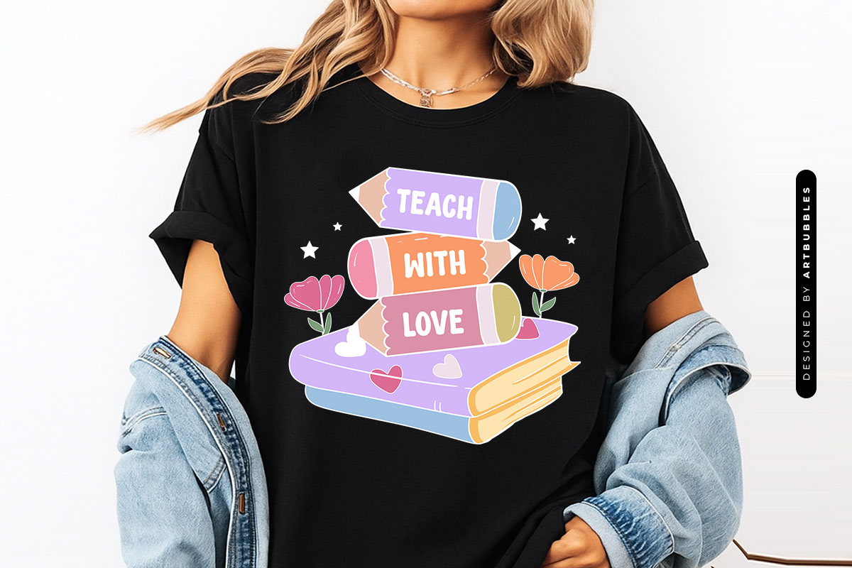 Teach with Love - Retro Teacher Book Sublimation Shirt Mockup Image.jpg