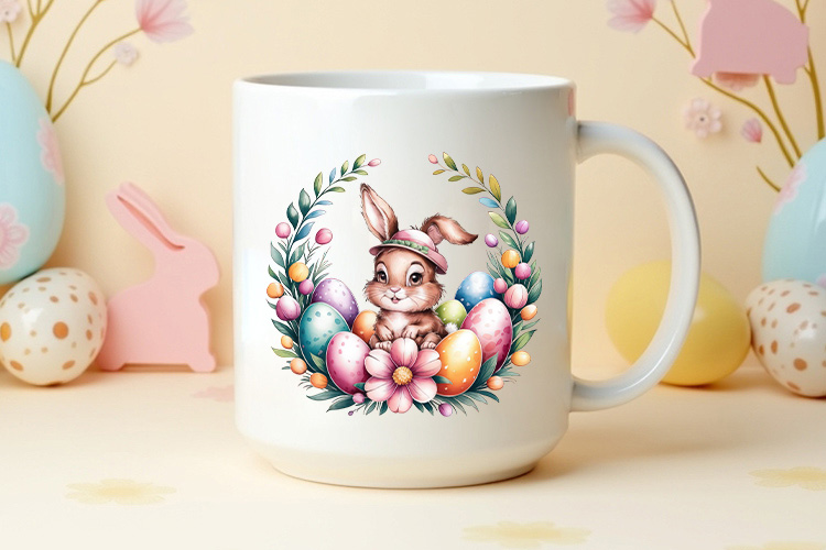 Funny Easter Bunny Floral Wreath Clip Art PNG Mug Mockup Image.jpg