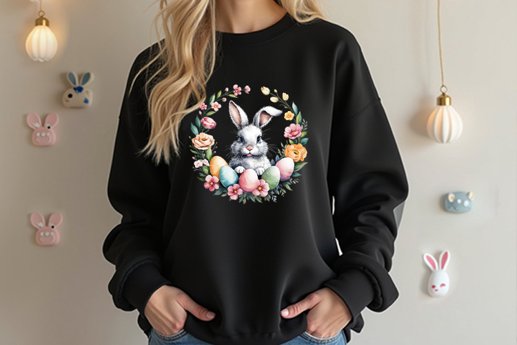 Easter Bunny Eggs and Floral Wreath Clipart Black Sweatshirt Mockup Image.jpg
