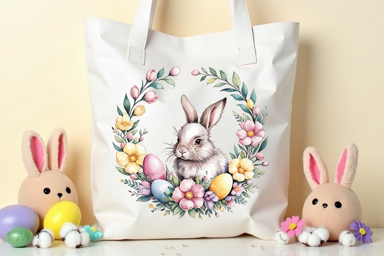 Happy Easter Bunny Floral Wreath Clipart Tote Bag Mockup Image.jpg