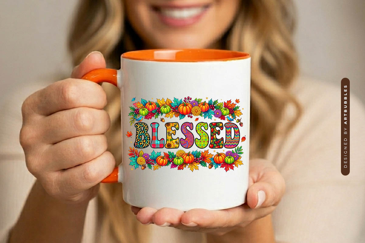 Blessed Fall Pumpkin Leaves Sublimation PNG Mug Mockup Image.jpg