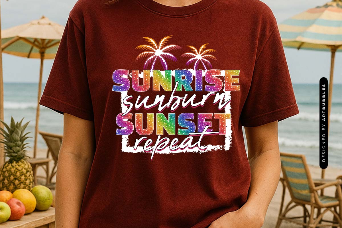 Sunrise Sunburn Sunset Repeat - Funny Summer Sublimation T-shirt Mockup Image.jpg