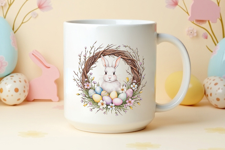 Easter Bunny and Eggs Wreath Clipart PNG Mug Mockup Image.jpg