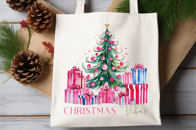 Pink Christmas Vibes Sublimation Design Tote Bag Mockup Image.jpg