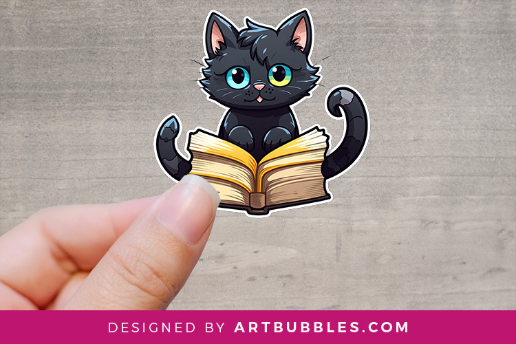 Cute Black Cat Reading Book Stickers