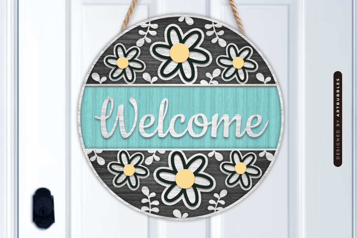Welcome Flower Pattern Round Door Sign SVG