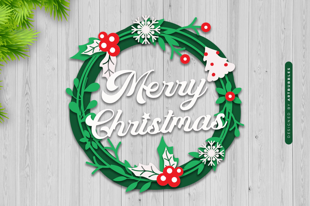 3D Merry Christmas Layered Wreath Laser Cut SVG