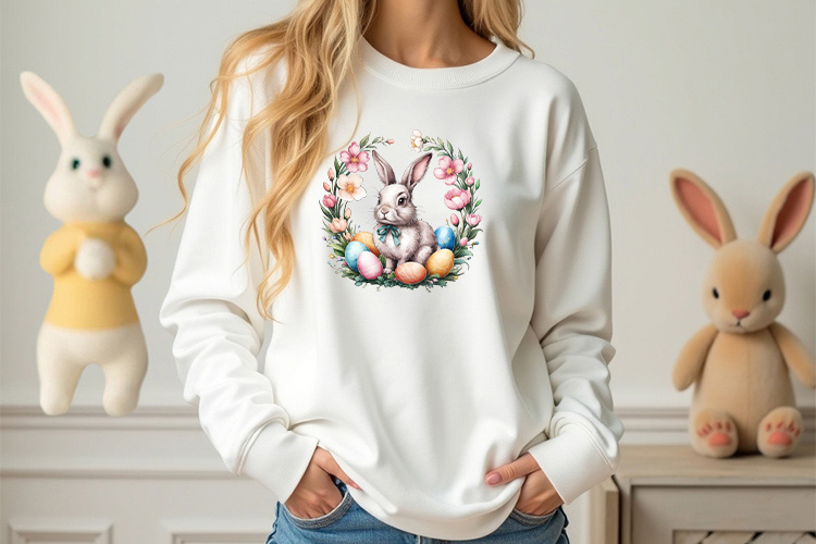 Easter Bunny Wreath with Flower and Egg Clipart Sweatshirt Mockup Image.jpg