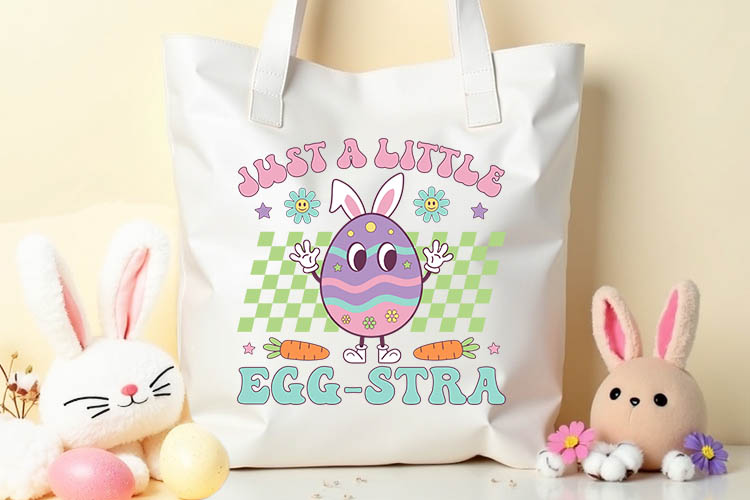 Just a Little Egg-stra - Retro Easter PNG Sublimation Tote Mockup Image.jpg