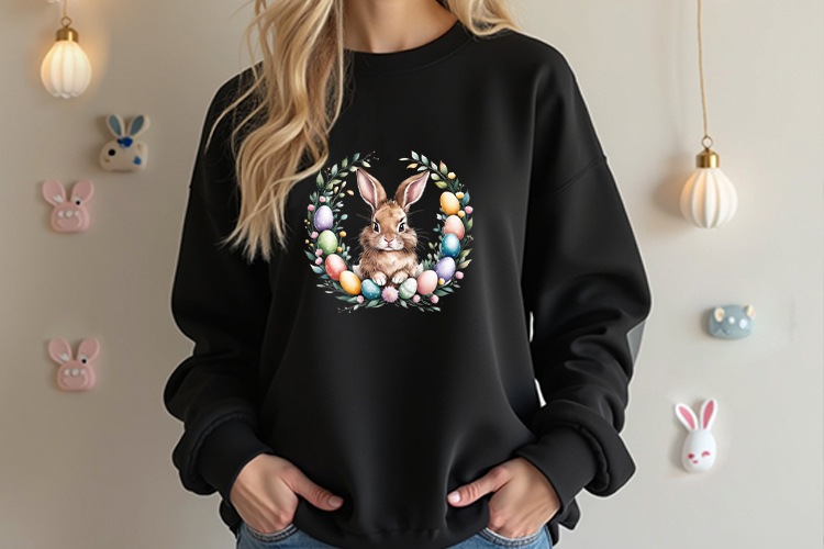 Easter Bunny Egg and Floral Wreath Clip Art Black Sweatshirt Mockup Image.jpg