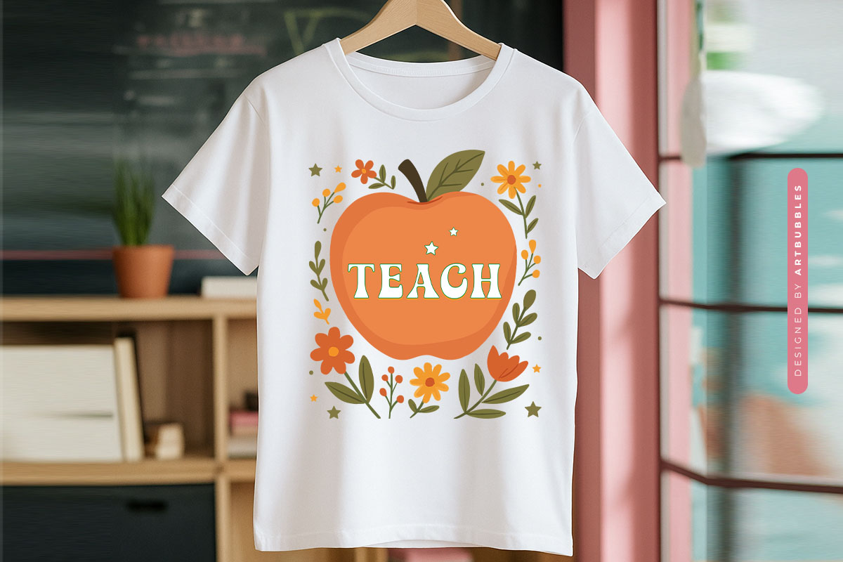 Teach - Retro Teacher Apple Sublimation PNG Shirt Mockup Image.jpg