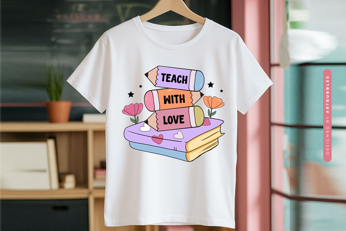 Teach with Love - Retro Teacher Book Sublimation T-shirt Mockup Image.jpg
