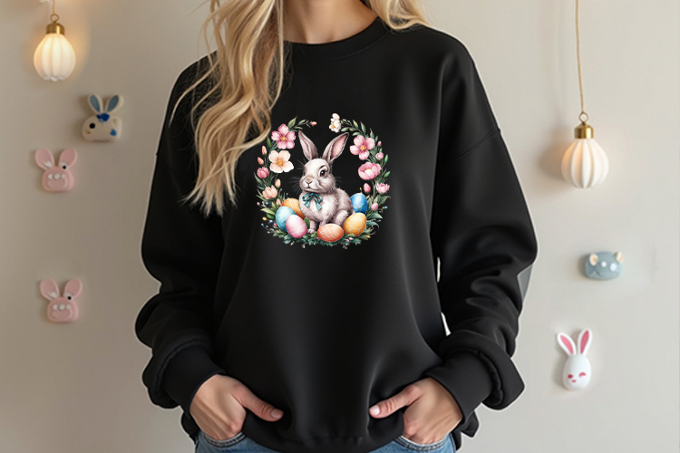 Easter Bunny Wreath with Flower and Egg Clipart Black Sweatshirt Mockup Image.jpg