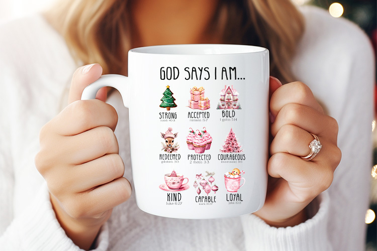God Says I Am Strong - Pink Christmas PNG Sublimation Mug Mockup Image.jpg